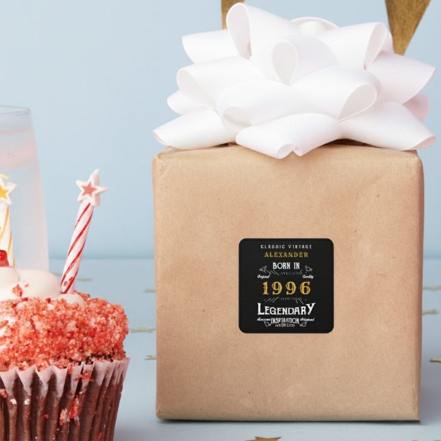 Personalized 30th Birthday Add Name 1996 Legend Square Sticker (Born 1996 sticker on a wrapped gift.)