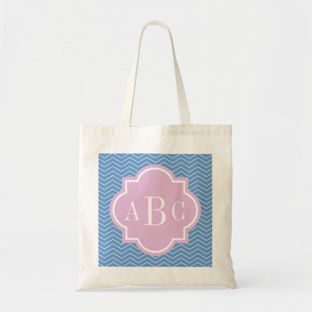 Personalized 3 letter monogram blue pink tote bag (Front)