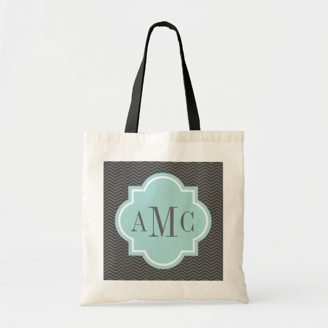 Personalized 3 letter monogram gray teal tote bag (Front)