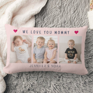 Personalized 3-Photo Collage For Mom Pink Lumbar Cushion