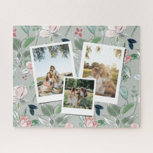 Personalized 3 Photo Green Floral Background Jigsaw Puzzle