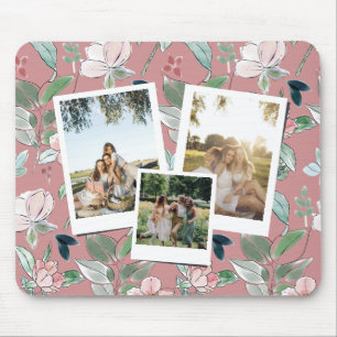 Personalized 3 Photo Pink Floral Background  Mouse Pad