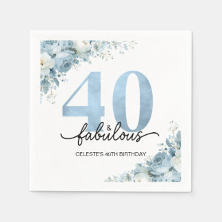 Personalized 40 and Fabulous Blue Floral Birthday Napkin