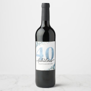 Personalized 40 and Fabulous Blue Floral Birthday Wine Label