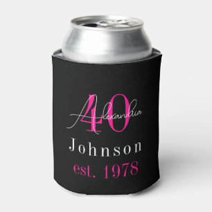 Personalized 40th Birthday Black Hot Pink Can Cooler