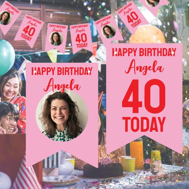 personalized 40th birthday bunting bunting  (custom 40th birthday bunting in pink and red with photo and happy birthday 40 and date)