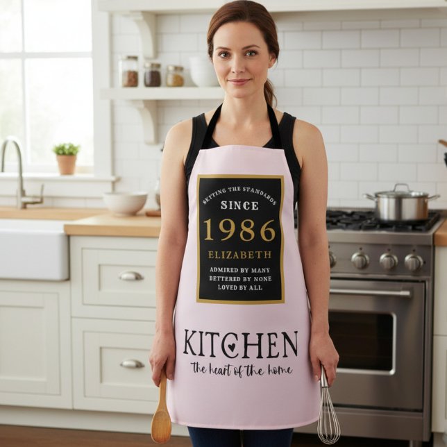 Personalized 40th Birthday Cook Chef Baker Pink Apron (1985 birthday apron worn in kitchen)