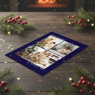 Personalized 4 Family Photo Collage Deep Blue Holiday Card
