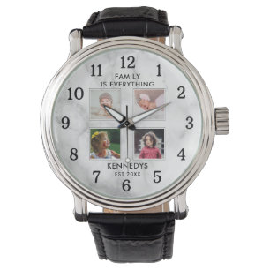 Personalized 4 Photo Collage Family Name Marble Watch