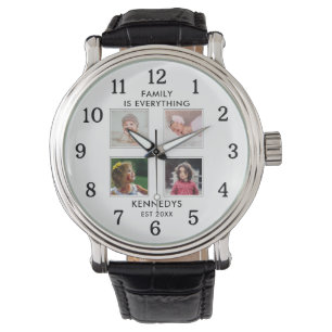 Personalized 4 Photo Collage Family Name White Watch