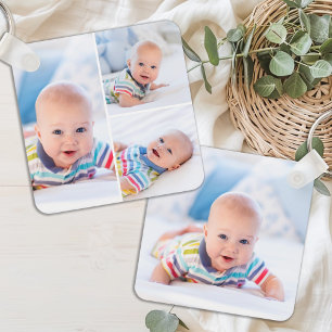 Personalized 4 Photo Collage Modern Newborn Baby Key Ring