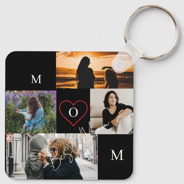 Personalized 4-Photo Collage Mom Monogram Key Ring (Back)