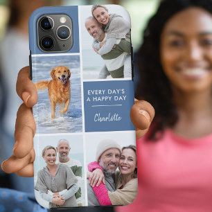 Personalized 4 Photo Collage Positive Quote Blue Case-Mate iPhone Case