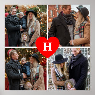 Personalized 4 Photo Collage Red Heart Monogrammed Poster