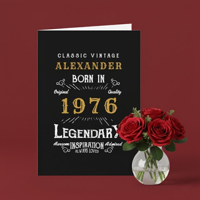 Personalized 50th Birthday Born 1976 Vintage Black Card (Born 1976 birthday greeting card. Red background.)