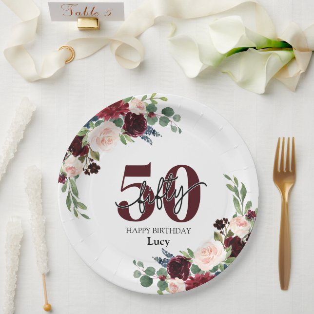 Personalized 50th Birthday Floral Paper Plate (Wedding)