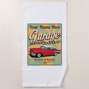 Personalized 57 Chevy Garage Beach Towel