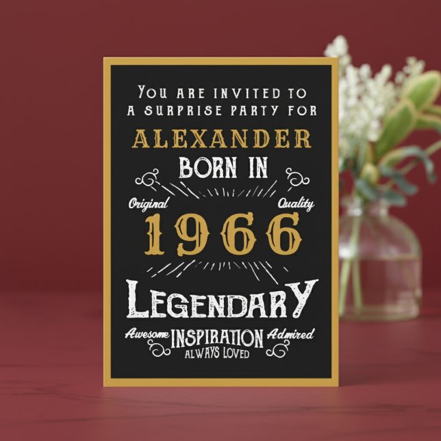 Personalized 60th Birthday 1966 Black Gold Legend Invitation (1966 birthday invitation. Red background.)