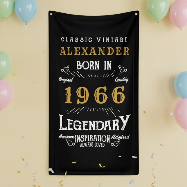 Personalized 60th Birthday 1966 Vintage Legend Banner (Born 1966 birthday wall banner against a yellow wall.)