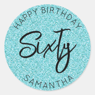 Personalized 60th Birthday Blue Glitter Sixty Classic Round Sticker