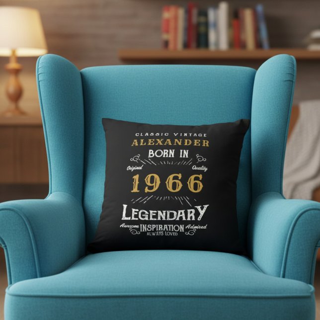 Personalized 60th Birthday Born 1966 Legend Black Cushion (Born 1996 throw pillow in an armchair.)