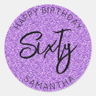 Personalized 60th Birthday Purple Glitter Sixty Classic Round Sticker