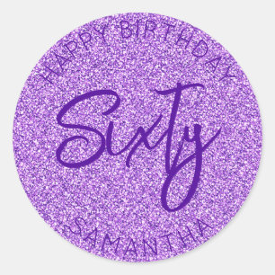 Personalized 60th Birthday Purple Glitter Sixty Classic Round Sticker