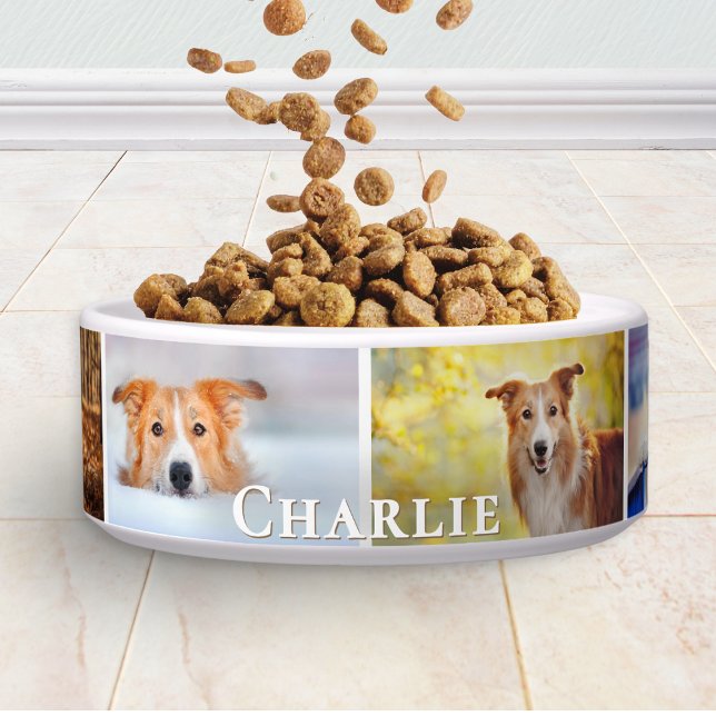 Personalized 6 Photo Pet Name Collage Ceramic Dog Bowl (A personalized dog bowl with collage of 6 photos and pet's name in elegant lettering)
