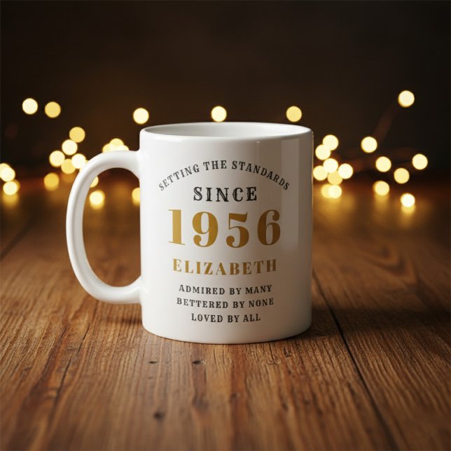 Personalized 70th Birthday 1956 Add Name Elegant Coffee Mug (Born 1956 birthday gift mug. Background out of focus.)