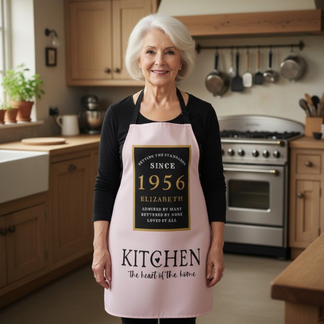 Personalized 70th Birthday Cook Chef Baker Pink Apron (1956 birthday apron worn in a kitchen)