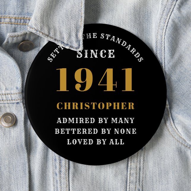Personalized 80th Birthday 1941 Elegant Black Gold 6 Cm Round Badge (In Situ)