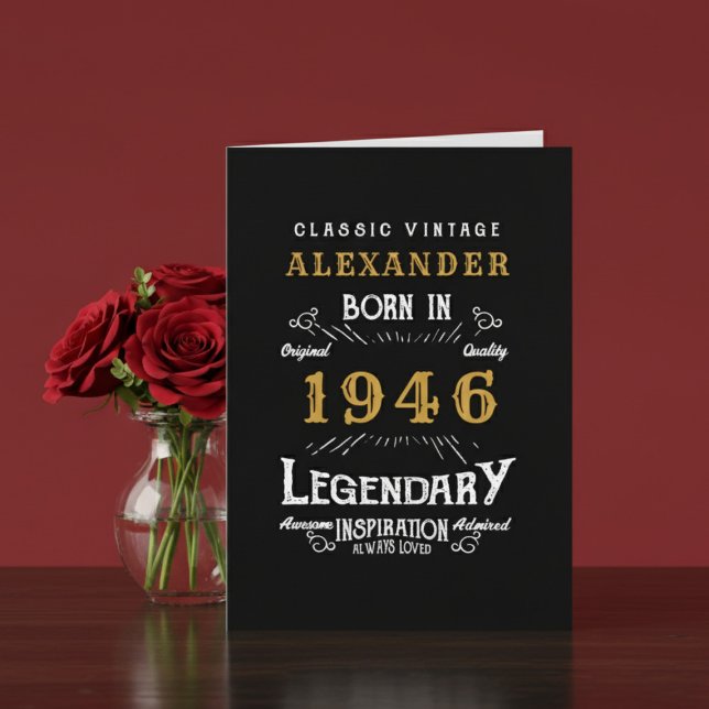 Personalized 80th Birthday Born 1946 Vintage Black Card (Born in 1946 birthday greeting card. Red and brown background.)