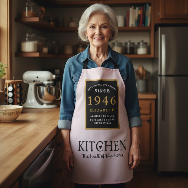 Personalized 80th Birthday Cook Chef Baker Pink Apron (1946 birthday apron worn in a kitchen.)