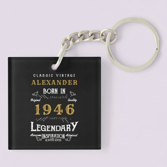 Personalized 80th Birthday Legend 1946 Vintage Key Ring (Born 1946 birthday keychain. Pastel background.)