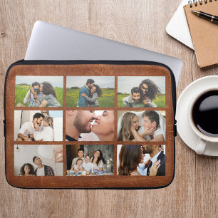 Personalized 8 Photo Collage Modern Brown Leather  Laptop Sleeve