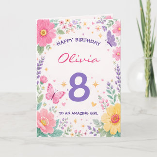 Personalized 8th Birthday Card for Girl | Floral