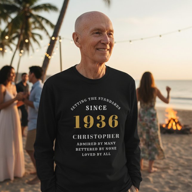 Personalized 90th Birthday 1936 Add Name T-Shirt (Born 1936 long sleeve t-shirt. Beach background.)