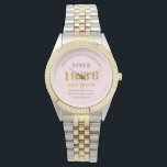 Personalized 90th Birthday Chic Pink Gold Woman's Watch<br><div class="desc">Celebrate a remarkable milestone with this exquisite Personalized 90th Birthday Watch for women. This elegant timepiece features a chic design in soft blush pink, perfectly accented with luxurious gold-look typography and a stylish two-tone silver and gold bracelet. The watch face proudly displays the classic birth year, 1936. It is a...</div>