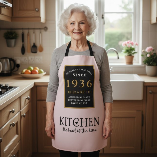 Personalized 90th Birthday Cook Chef Baker Pink Apron (1936 apron worn in a kitchen)