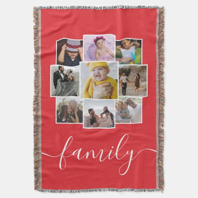 Personalized 9 Photo and Text Photo Collage Family Throw Blanket (Front Vertical)