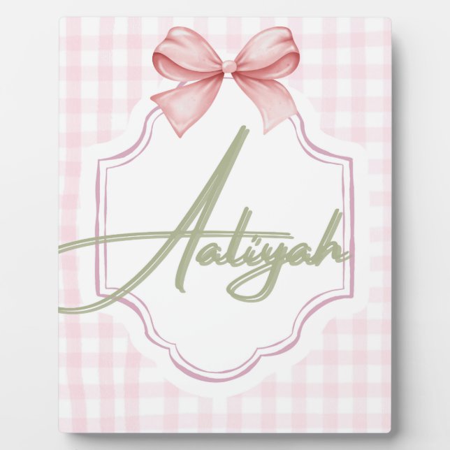 Personalized Aaliyah Baby Girl Nursery Bow&Gingham Plaque (Front)