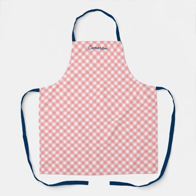 Personalized Add Your Name Blush Coral Gingham Apron (Front)