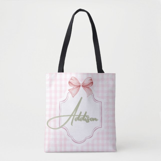 Personalized Addison Baby Girl Nursery Bow&Gingham Tote Bag (Front)