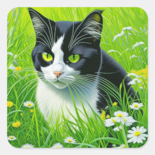 Personalized Adorable Cat in a field of Daisies  Square Sticker