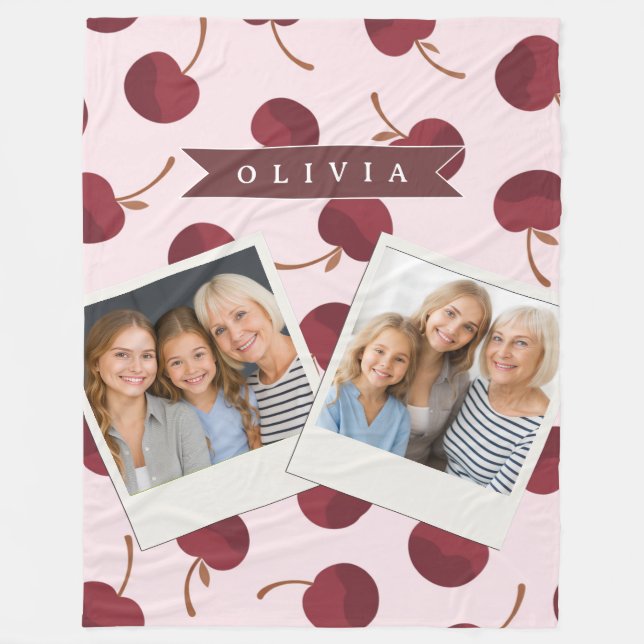 Personalized Aesthetic Cherry Pattern Name Gift Fleece Blanket (Front)