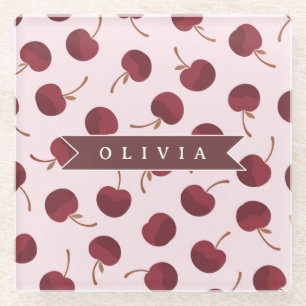 Personalized Aesthetic Cherry Pattern Name Gift Glass Coaster