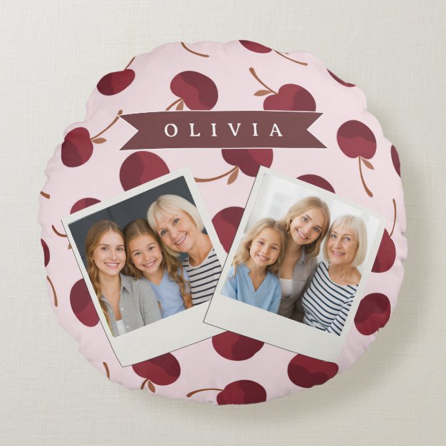 Personalized Aesthetic Cherry Pattern Name Gift Round Cushion (Front)