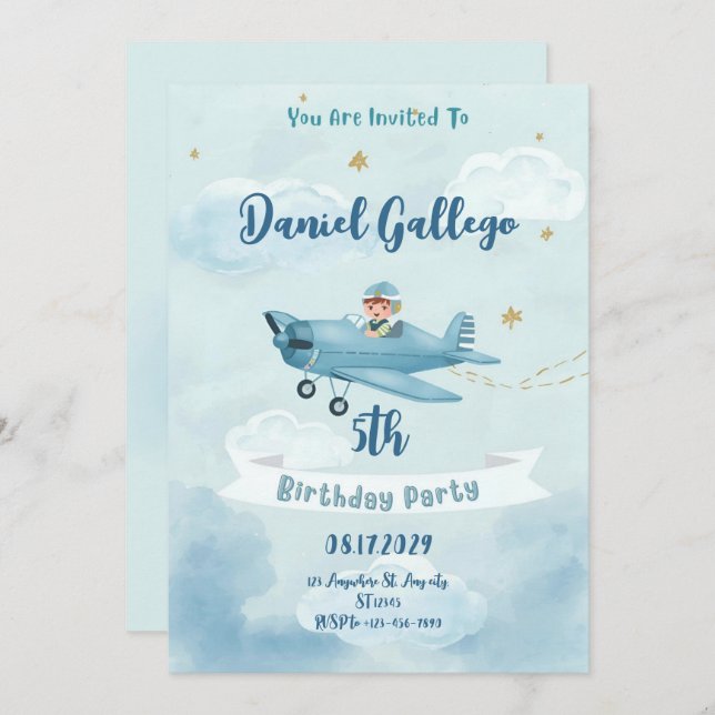 Personalized Airplane Boy Birthday Invitation (Front/Back)