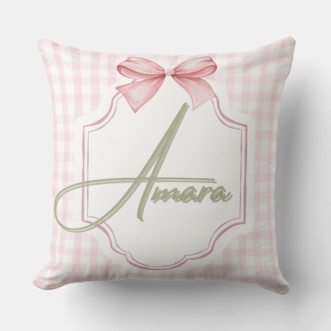 Personalized Amara Baby Girl Nursery Bow&Gingham Cushion (Front)