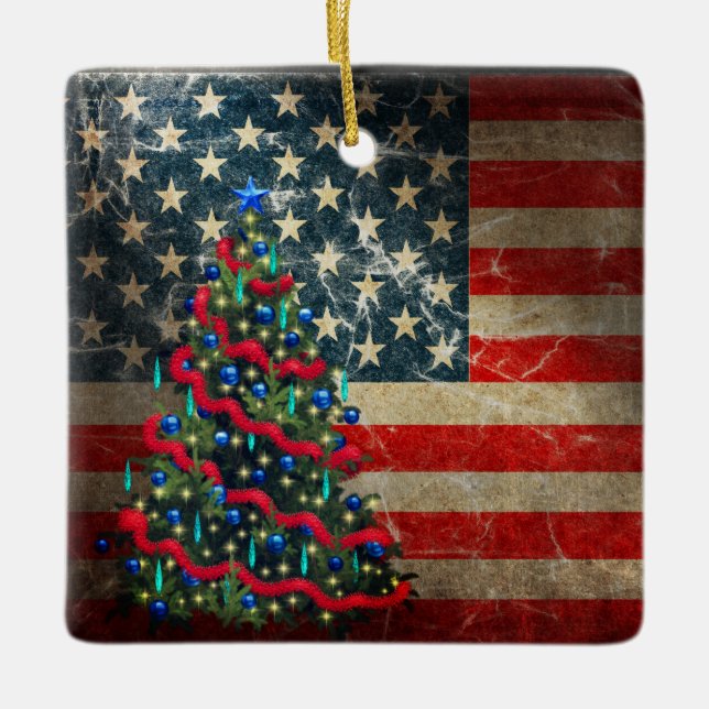 Personalized American Flag and Christmas Tree Ceramic Ornament (Front)